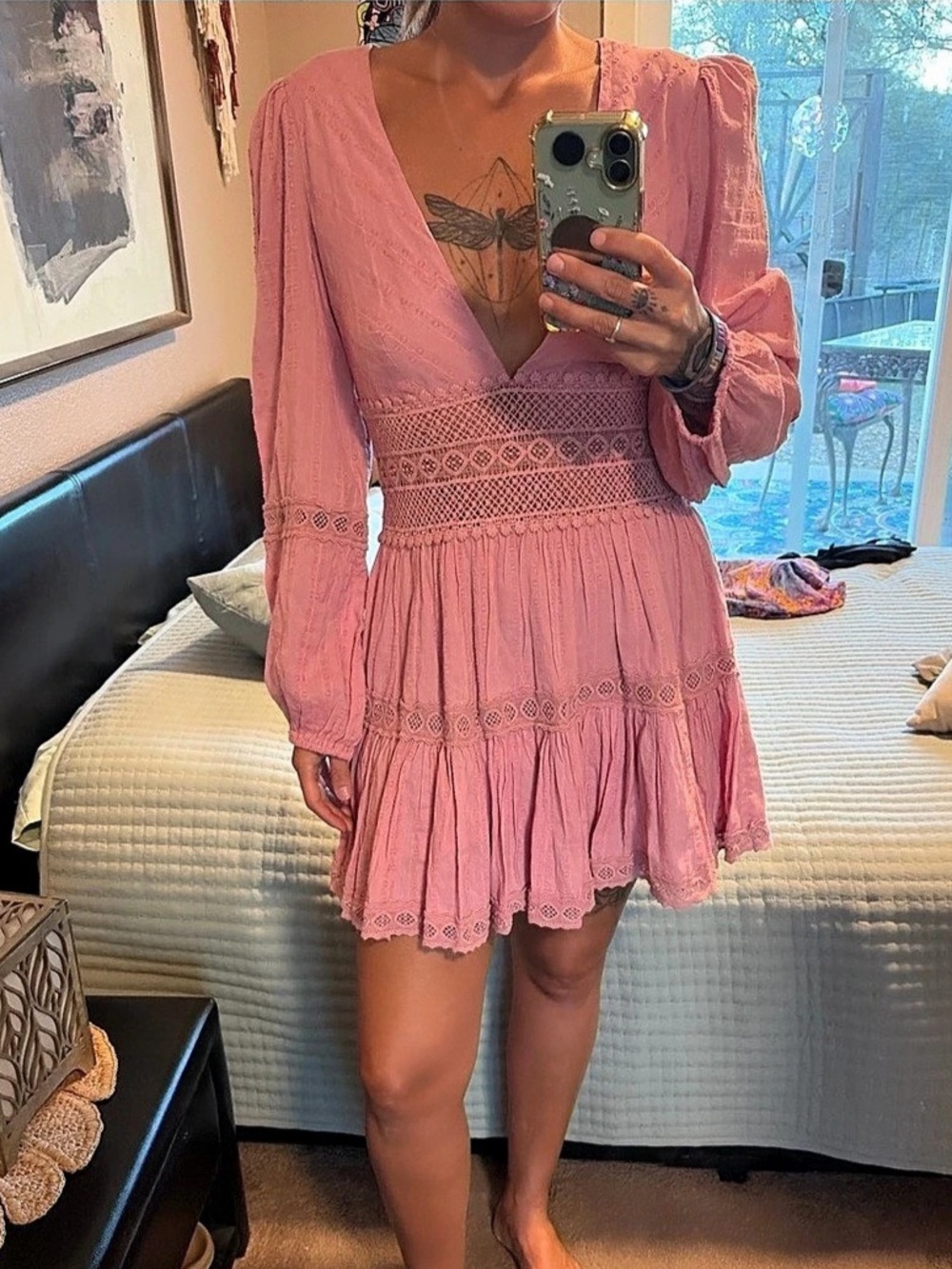 Free People Pink Crochet Mini Dress Size Small Like New